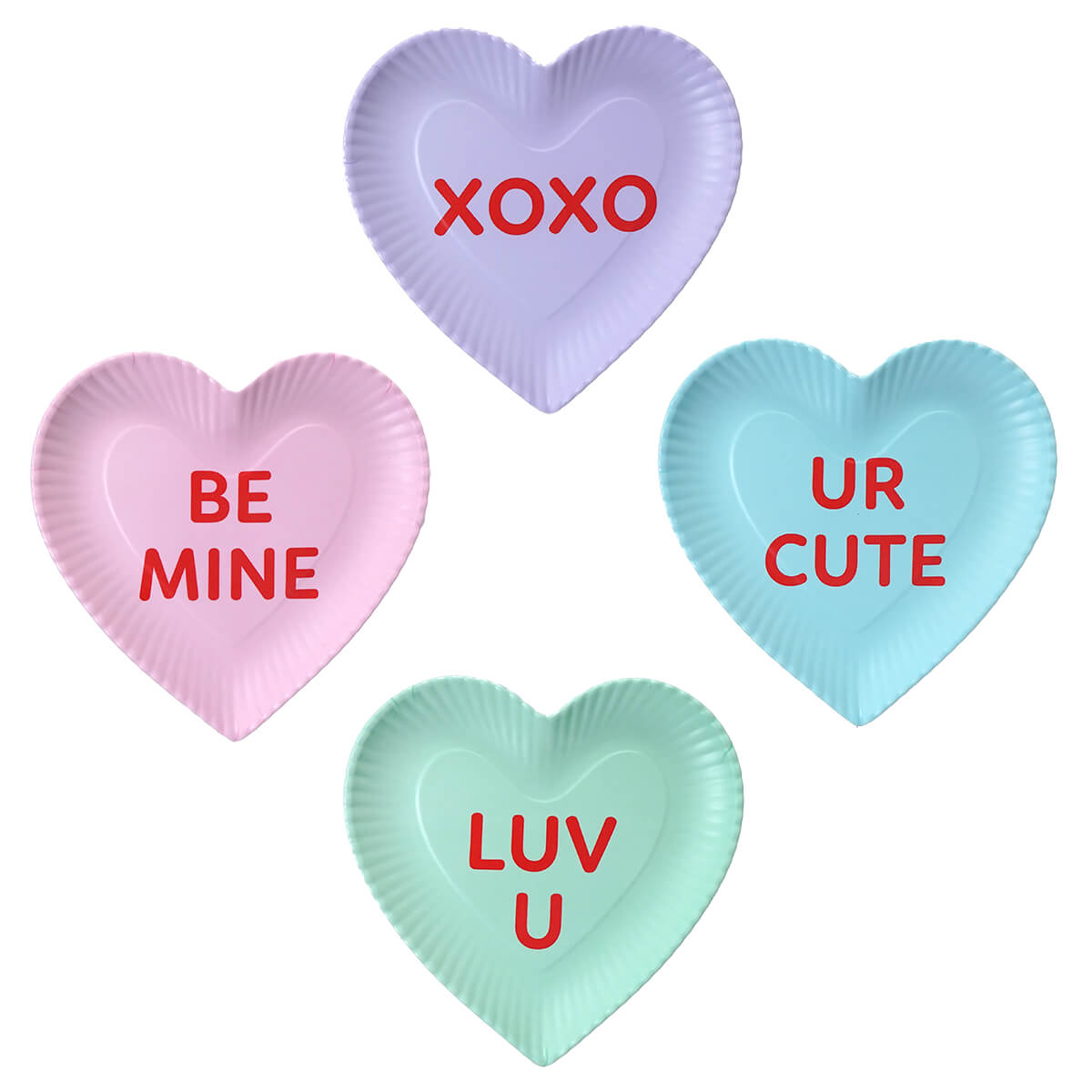 Four pastel-colored heart-shaped plates with Valentine’s messages in red text.