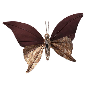 A 7.5 inch fabric butterfly clip-on ornament with dark brown wings, sequin finish, and a glittery silver body