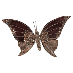 Brown fabric butterfly clip-on ornament with glittery wings and rhinestone details in sequin finish for insect bug ornaments