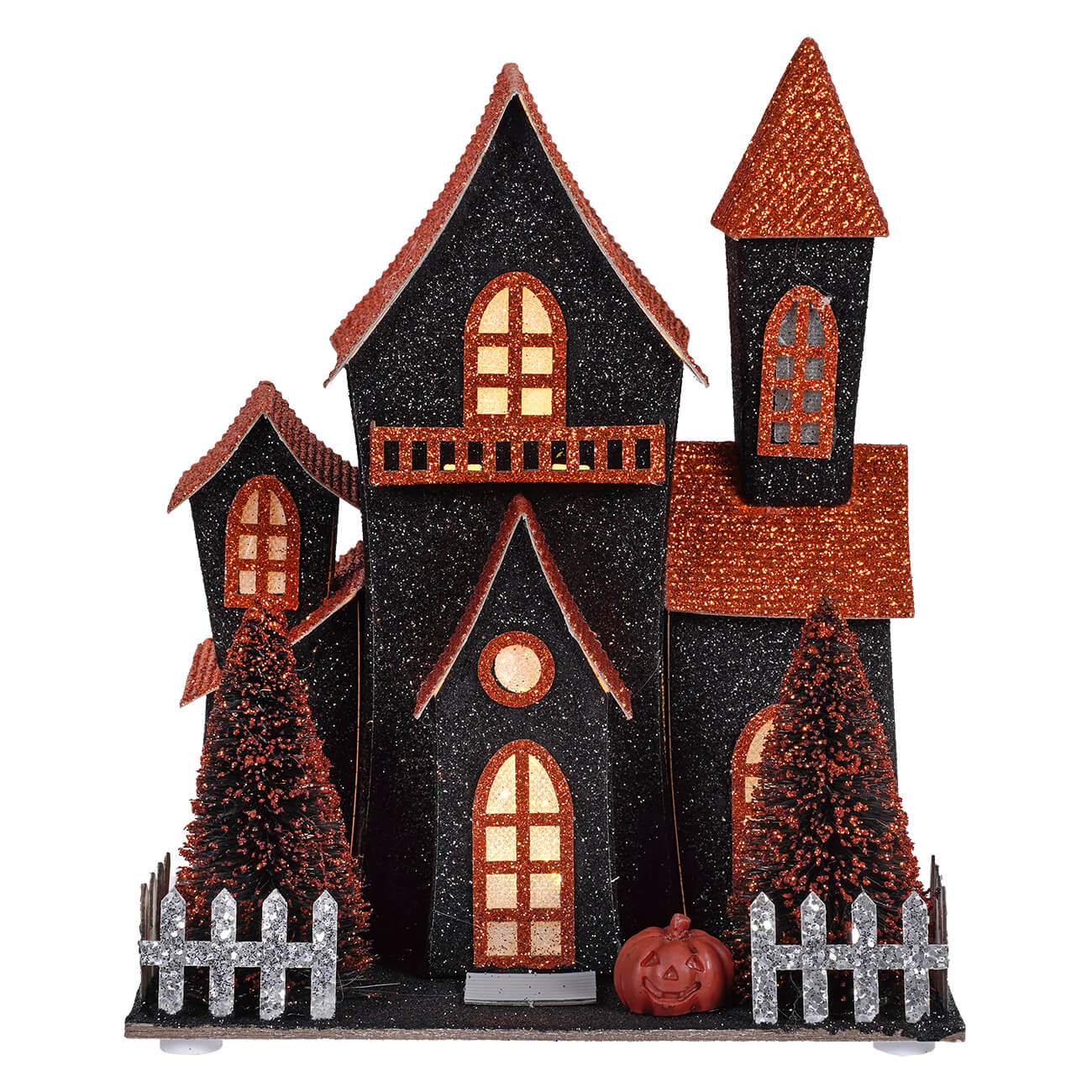 7.5 inch led lighted black and orange halloween haunted house with glittery roofs and miniature trees by regency international