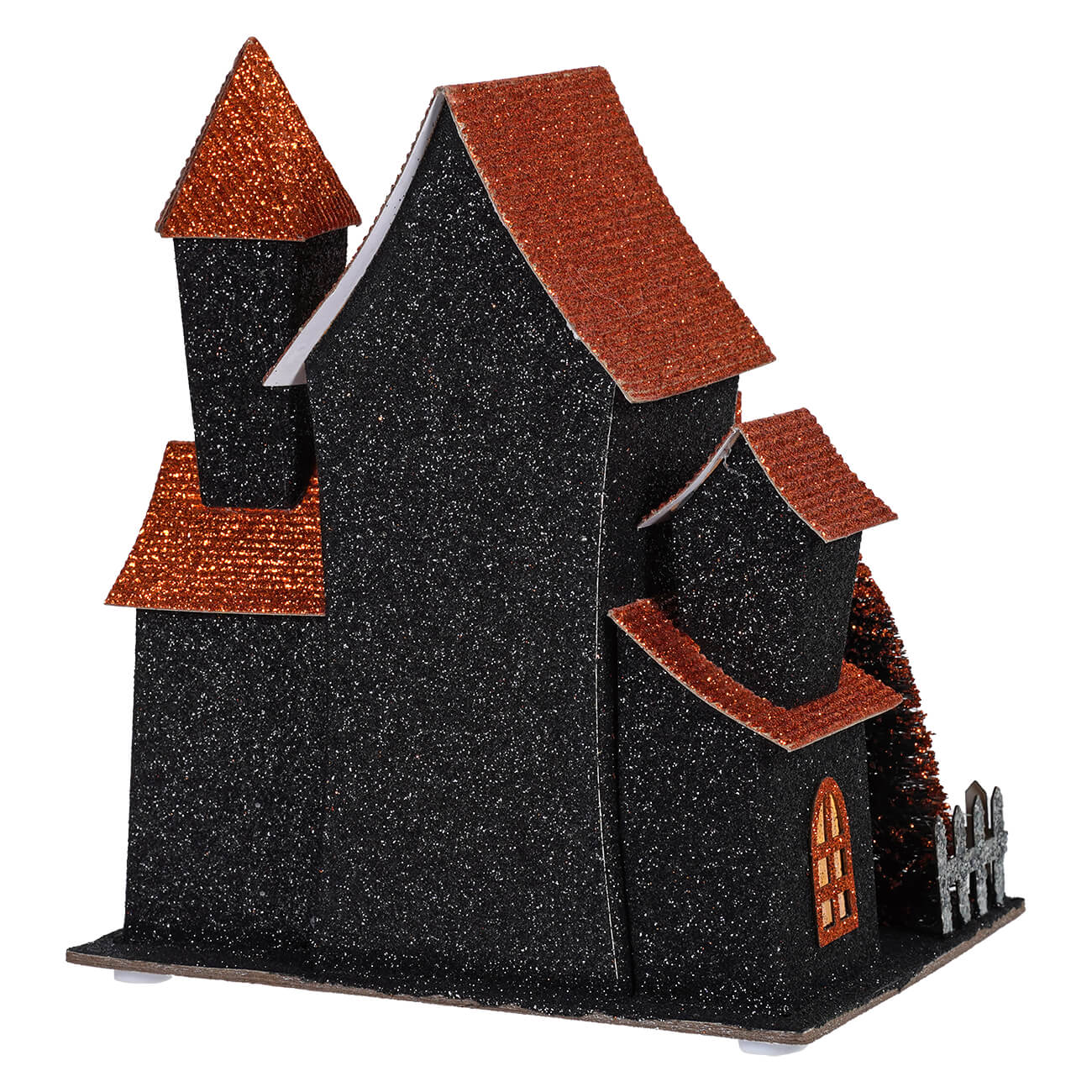 7.5 inch led lighted black halloween haunted house with orange glitter roofs and small arched window by regency international