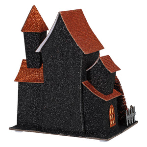 7.5 inch led lighted black halloween haunted house with orange glitter roofs and small arched window by regency international