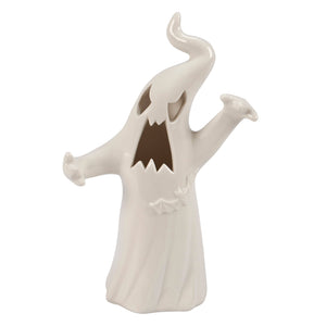 White ceramic lighted ghost figurine with spooky face and flowing cape perfect for halloween ghost figures decoration
