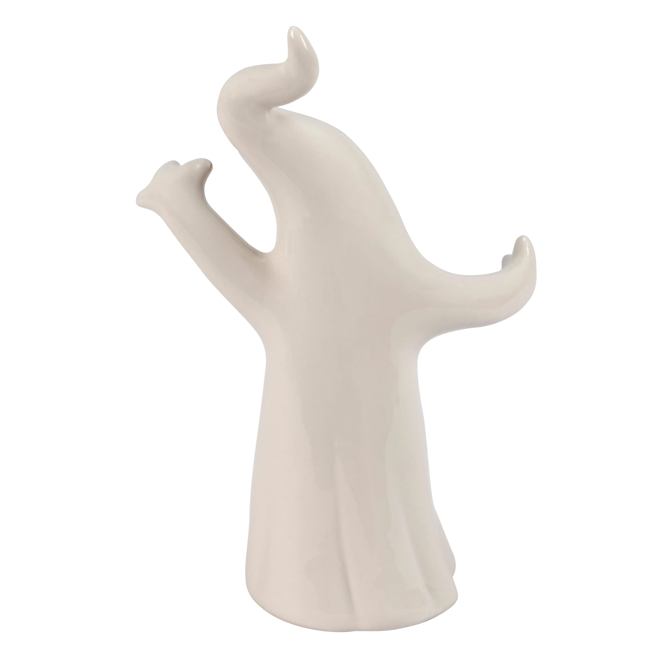 A smooth off-white ceramic lighted ghost figurine with flowing arms perfect for halloween ghost figures decor