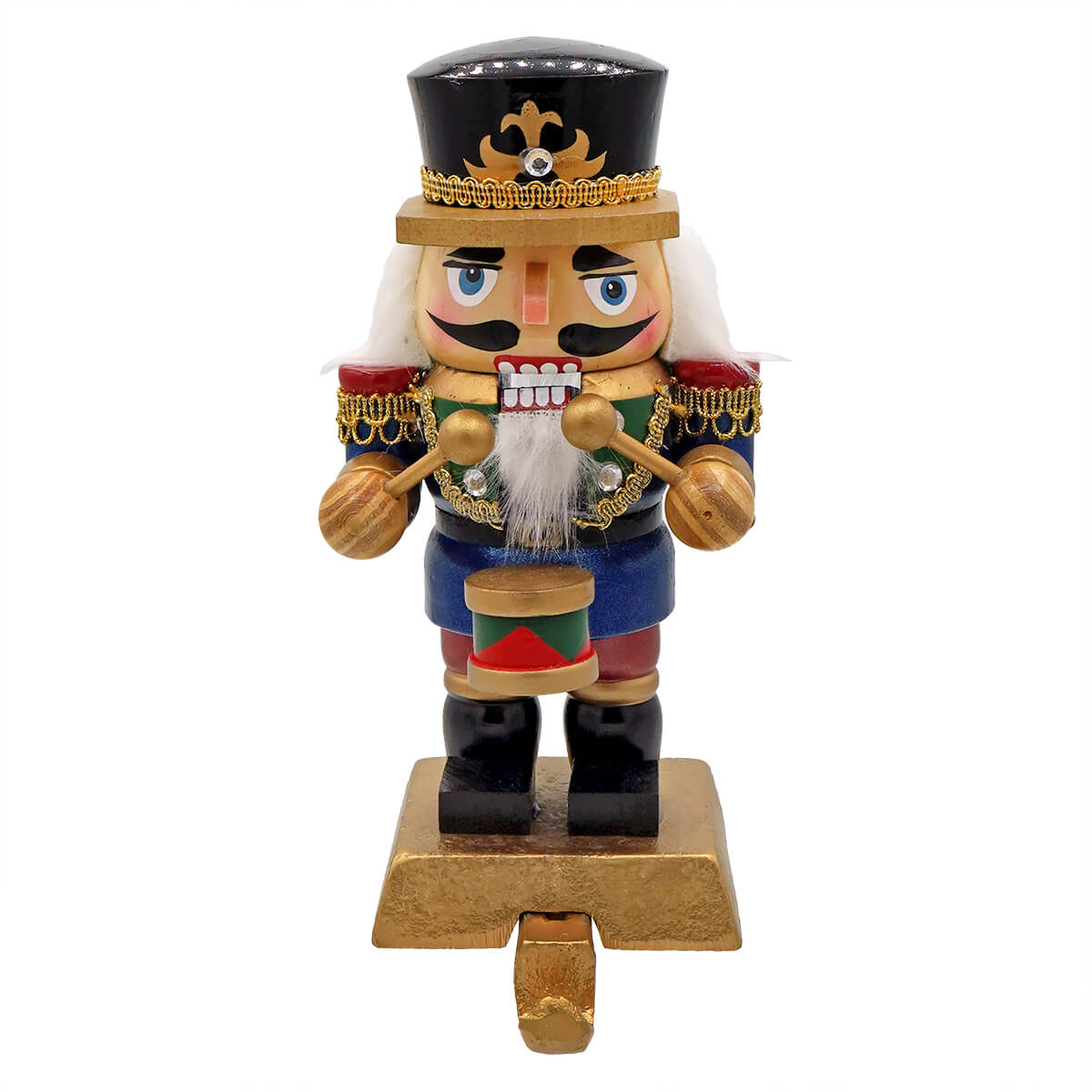 A 7.5 inch wooden nutcracker drummer stocking holder with a black top hat blue coat and red epaulets holding drumsticks