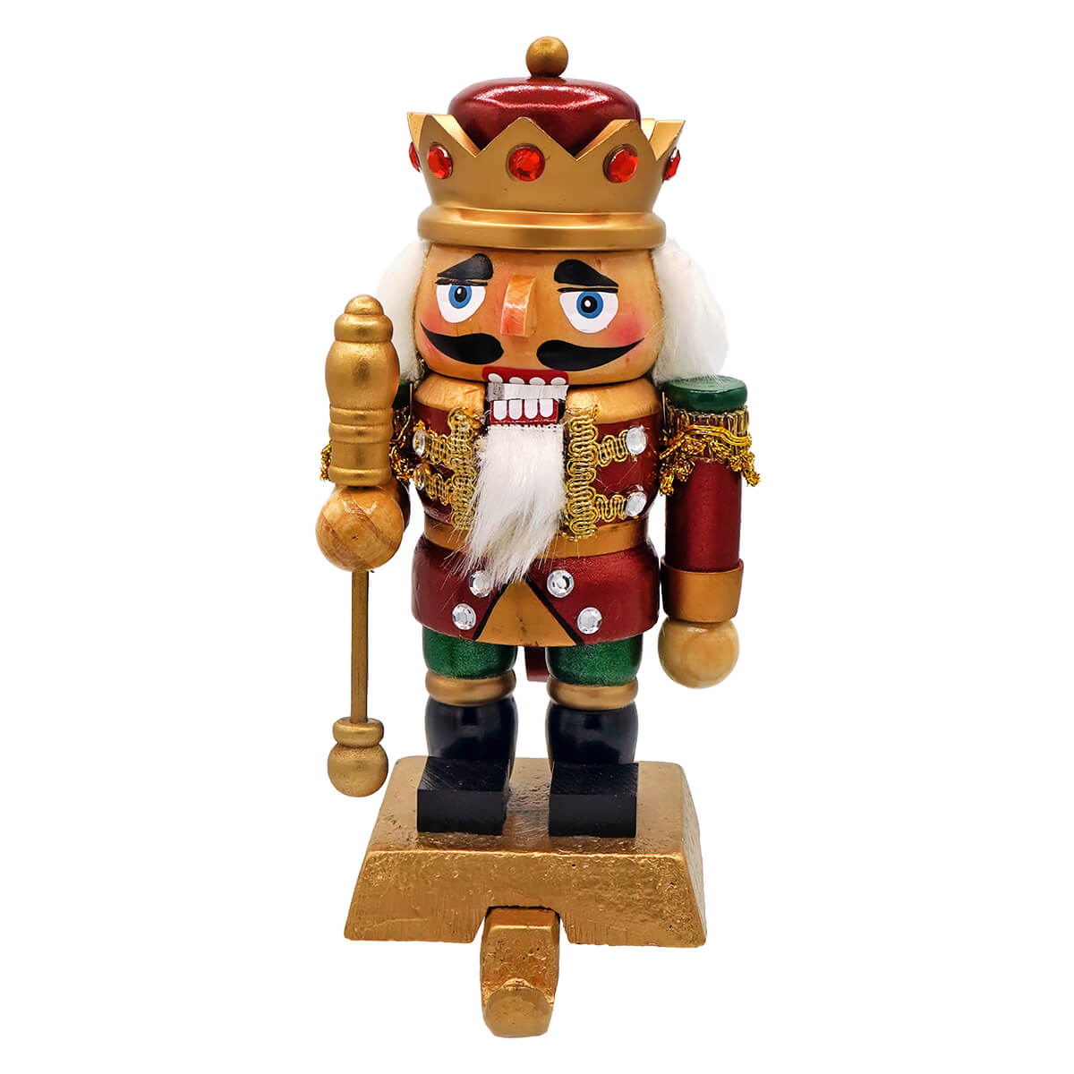 A festive red and gold nutcracker king stocking holder with white beard holding a golden staff for holiday decor