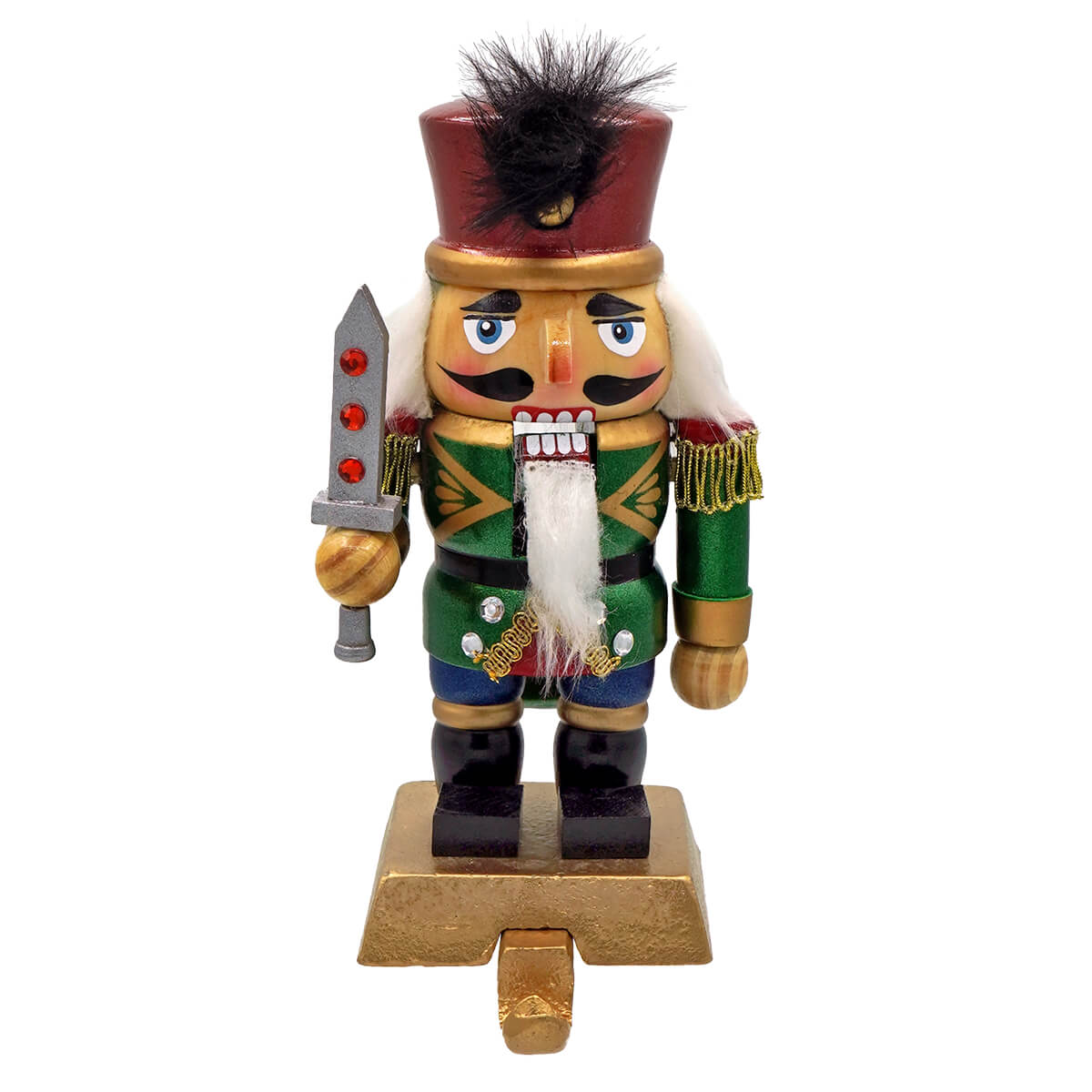 7.5 inch festive wooden nutcracker soldier stocking holder with red hat green gold uniform and silver dagger with gems