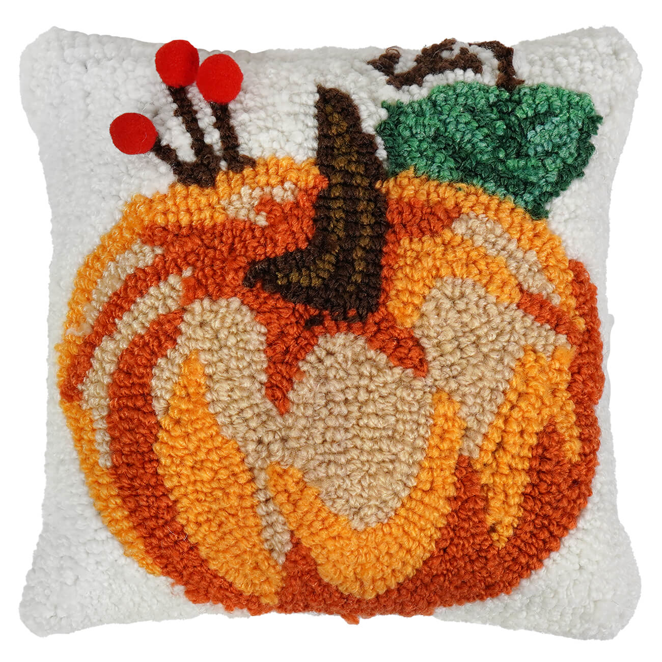 A 7.5 inch hooked acrylic halloween pillow with a plush white base and a vibrant orange pumpkin design with green leaves