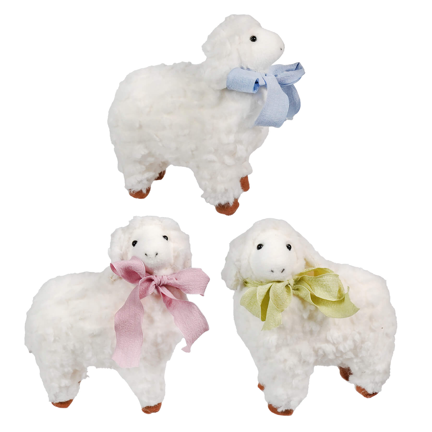 Three sweet plush lambs set with colorful satin bows and brown feet perfect for easter décor