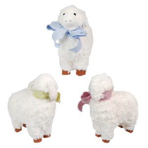7.5 sweet plush lambs set of 3 with soft white fluffy texture brown feet and colorful satin ribbons perfect for easter décor
