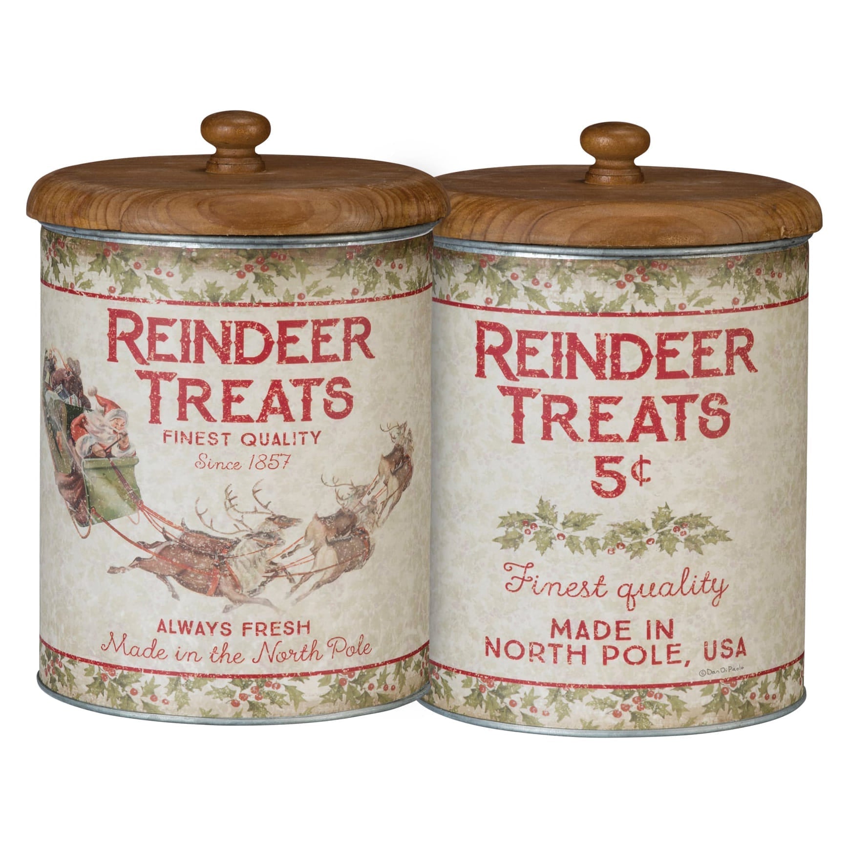 Two vintage-style metal reindeer treats canisters with wooden lids and festive red and green holiday designs on cream backgrounds