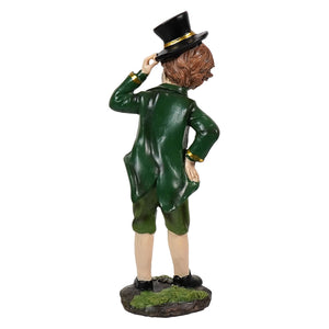 Green resin dapper irish boy statue in top hat and coat on grassy base from patricks day collection with gold accents