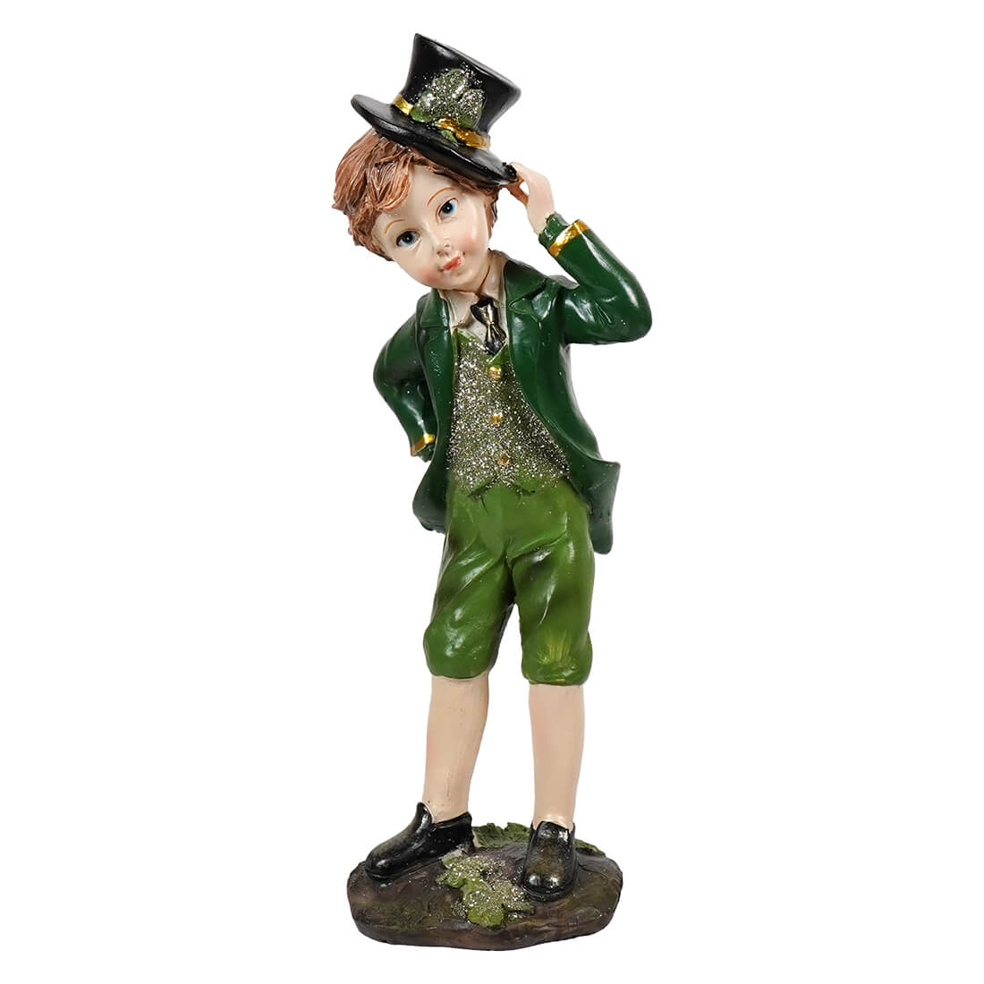 Green resin dapper irish boy statue in a top hat holding his hat part of patricks day collection with gold accents