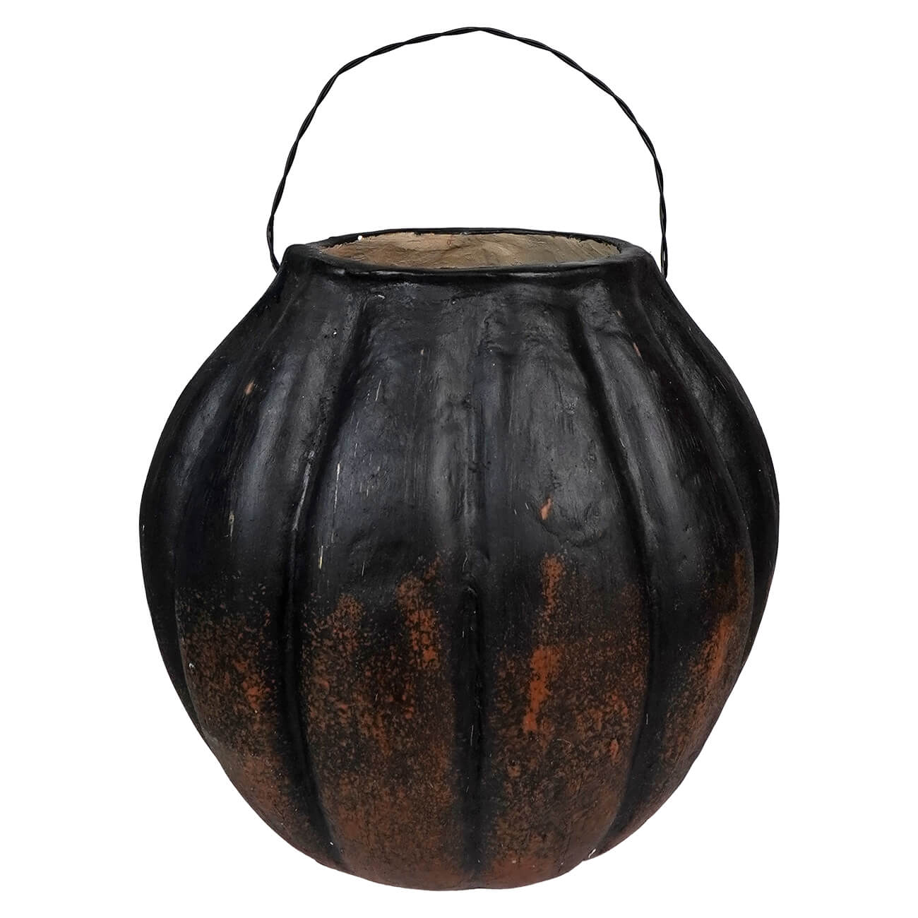 Black pumpkin-shaped lantern with a wire handle and rusty bottom.