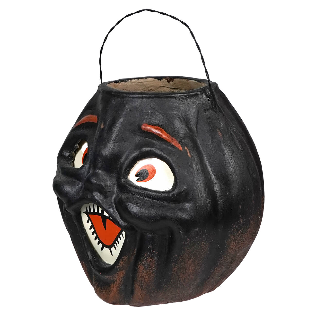 Vintage Halloween candy bucket shaped like a spooky black face with red and white features.