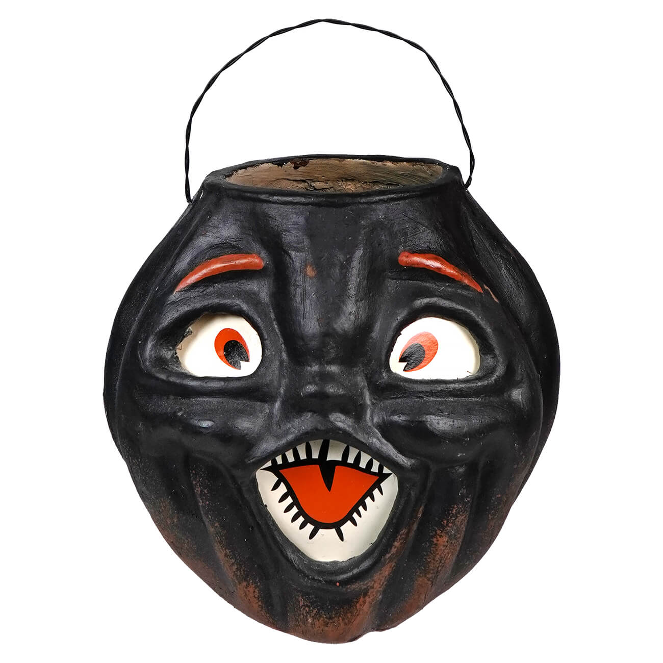 Vintage Halloween candy bucket shaped like a black cat face with wide eyes and an open mouth.