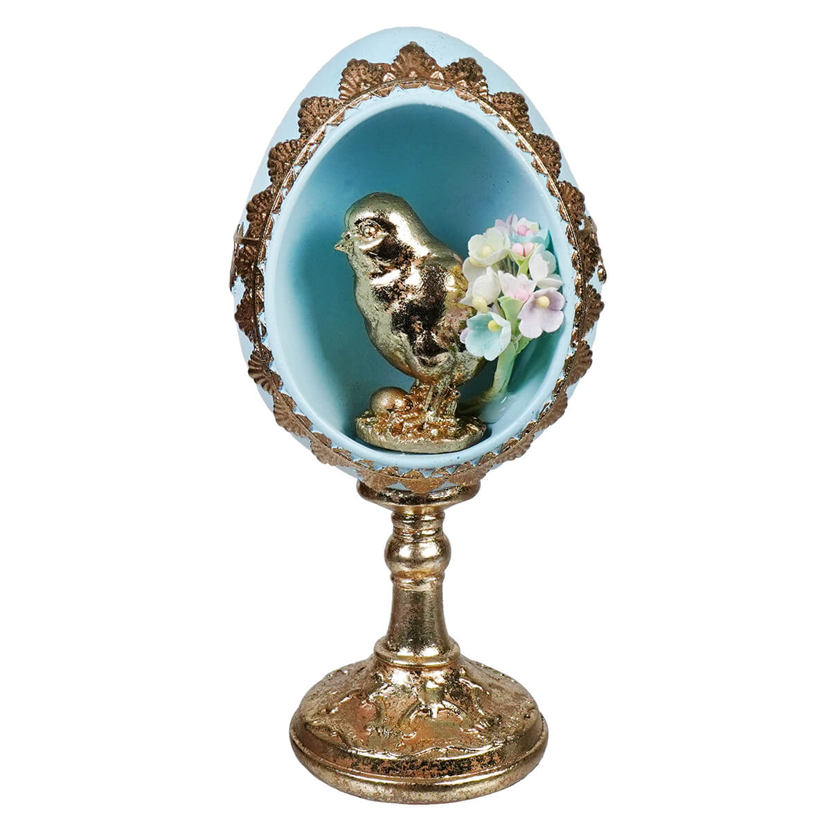 Ornate 7 inch blue and gold chick egg pedestal featuring a detailed gold chick egg perfect for easter decor