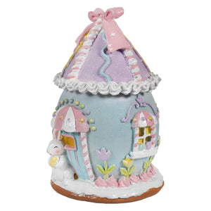 7 inch lighted pastel easter bunny house figurine by regency international with blue, lavender, pink bow, and cute bunny