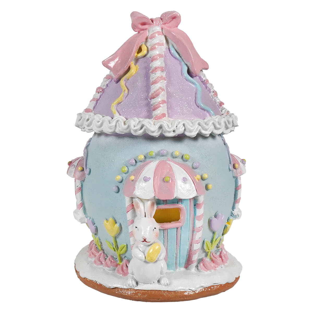 7 inch lighted pastel easter bunny house by regency international in pastel blue and lavender with candy details and bunny figure