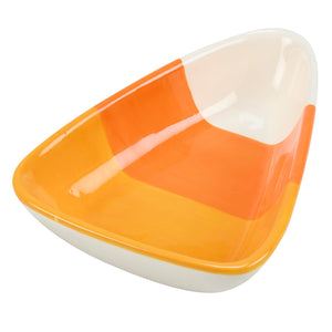 Vibrant orange and white ceramic candy corn bowl with a modern triangular design perfect for snacks or decor