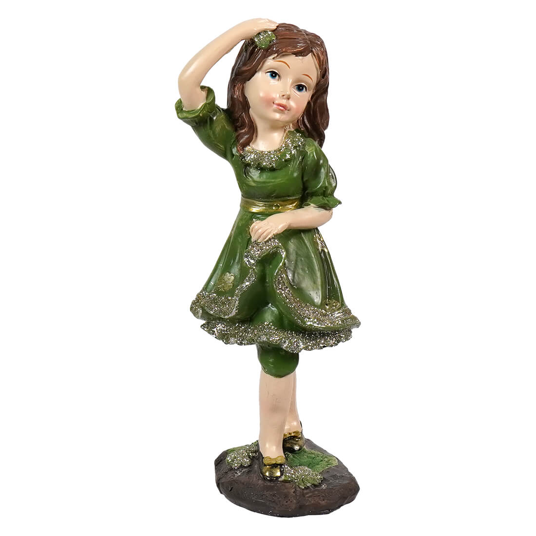 A glossy green resin irish girl statue wearing a clover dress with gold accents from patricks day collection