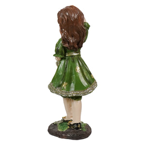 Green resin irish girl statue wearing a 7 inch clover dress with gold accents from patricks day collection