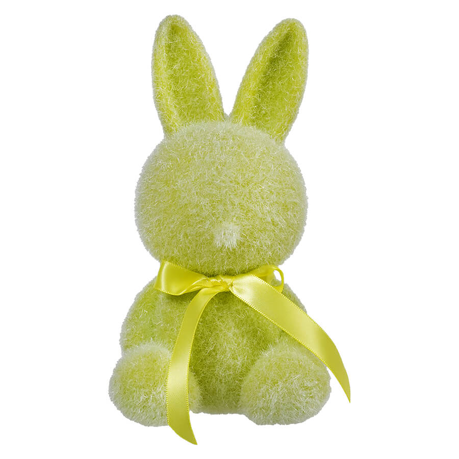 Lime green plush bunny with a yellow ribbon bow around its neck.