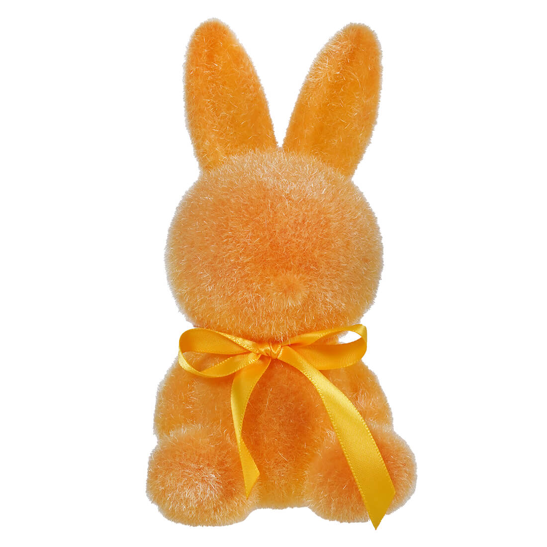 Orange plush bunny with a yellow ribbon bow around its neck.