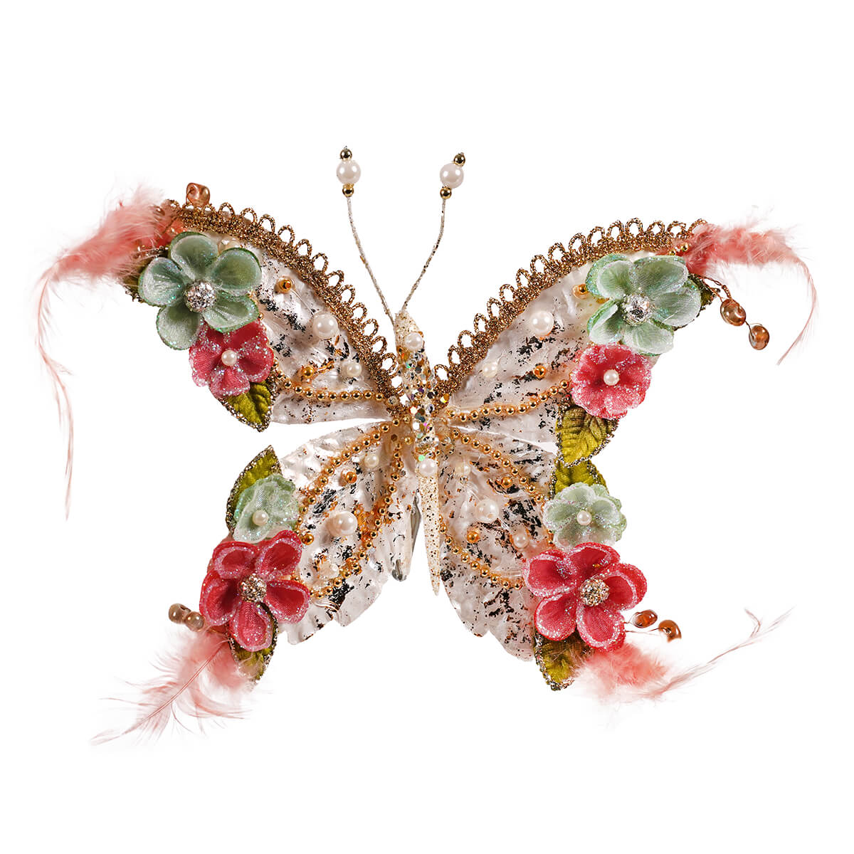 7 inch floral beaded butterfly ornament with gold lace, pastel flowers, pearls, and feathers for insect and bug decor