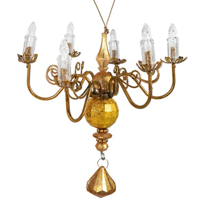 7 inch iron chandelier gold ornament with six clear glass candle bulbs and faceted teardrop for gold and silver theme