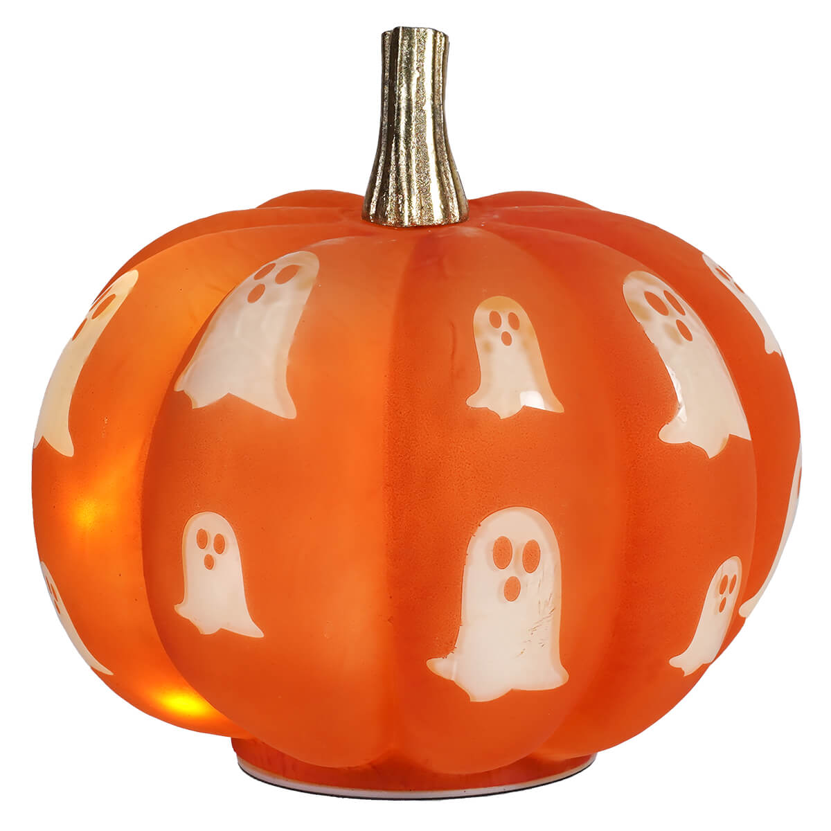 7 inch lighted glass orange pumpkin with spooky ghosts and a gold stem perfect for halloween decor