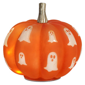 7 inch lighted glass orange pumpkin with spooky ghosts and a gold stem perfect for halloween decor