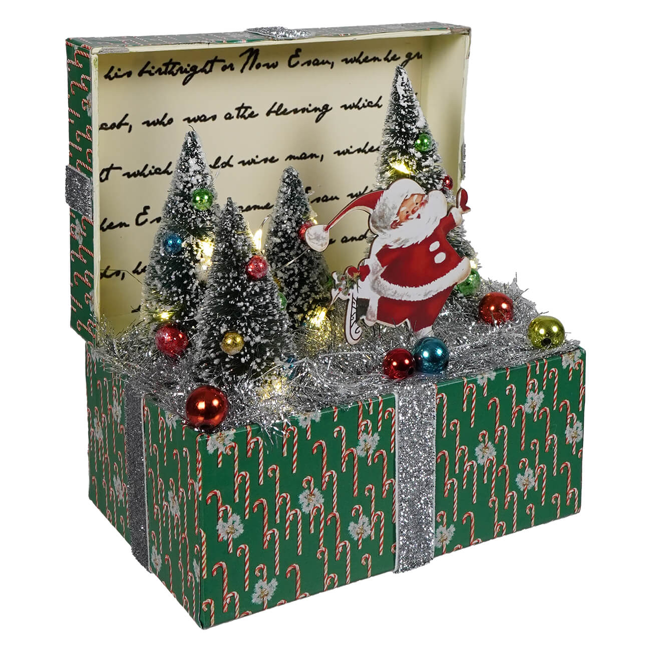7 inch lighted magic of christmas santa vignette box with green candy cane pattern silver trim and christmas ornaments