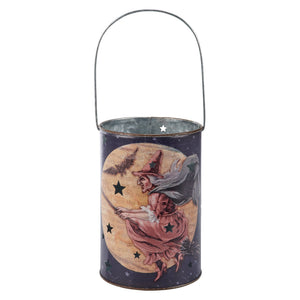Midnight witch lantern decorative metal lantern with witch illustration in dark blue sepia perfect for halloween lights & decor