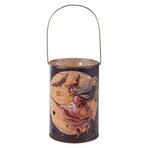 Midnight witch lantern vintage-style metal halloween lights decor with dark blue body and witch flying on broomstick design