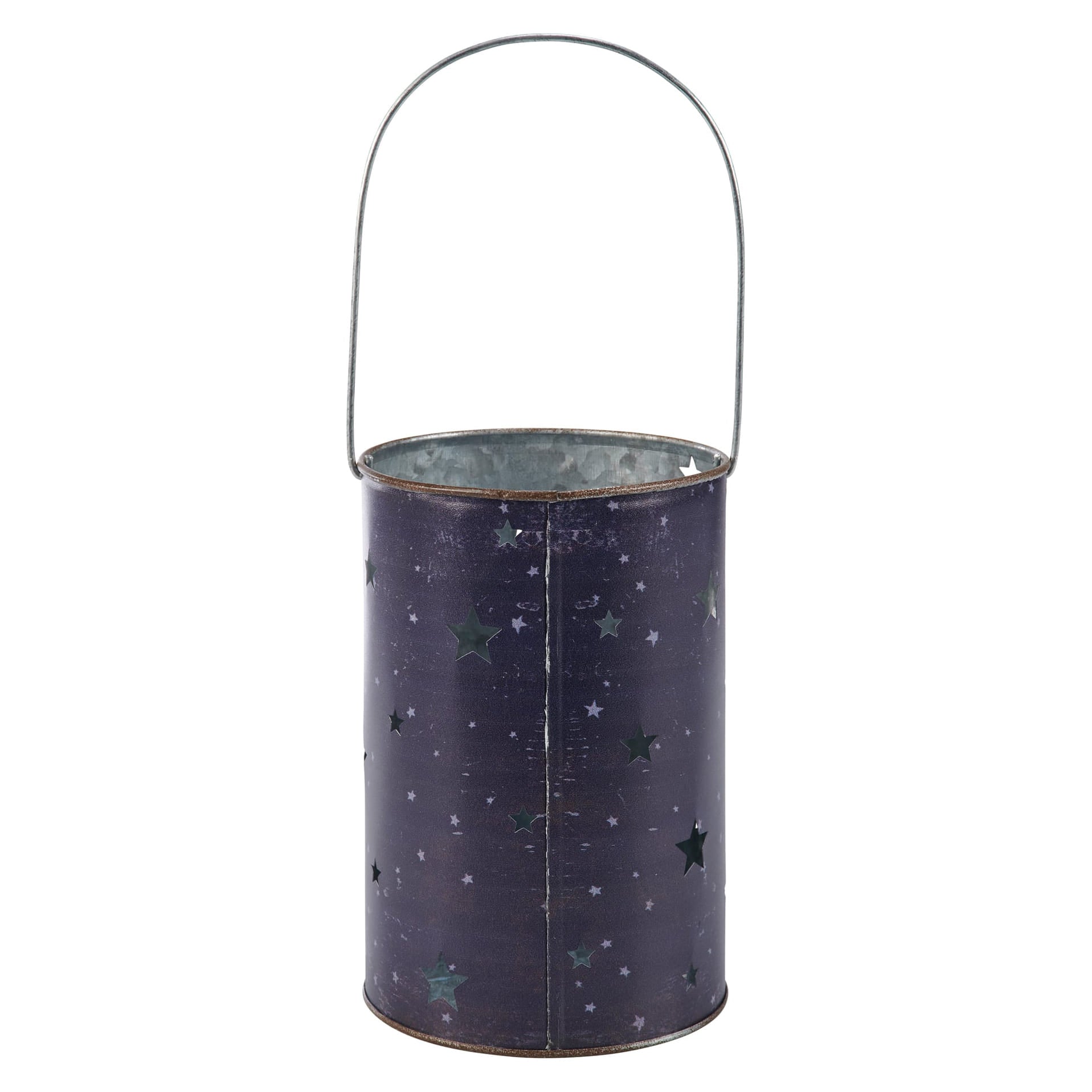 Dark blue galvanized metal midnight witch lantern with handle and star cutouts perfect for halloween lights & decor