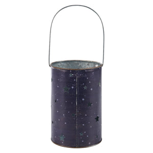 Dark blue galvanized metal midnight witch lantern with handle and star cutouts perfect for halloween lights & decor