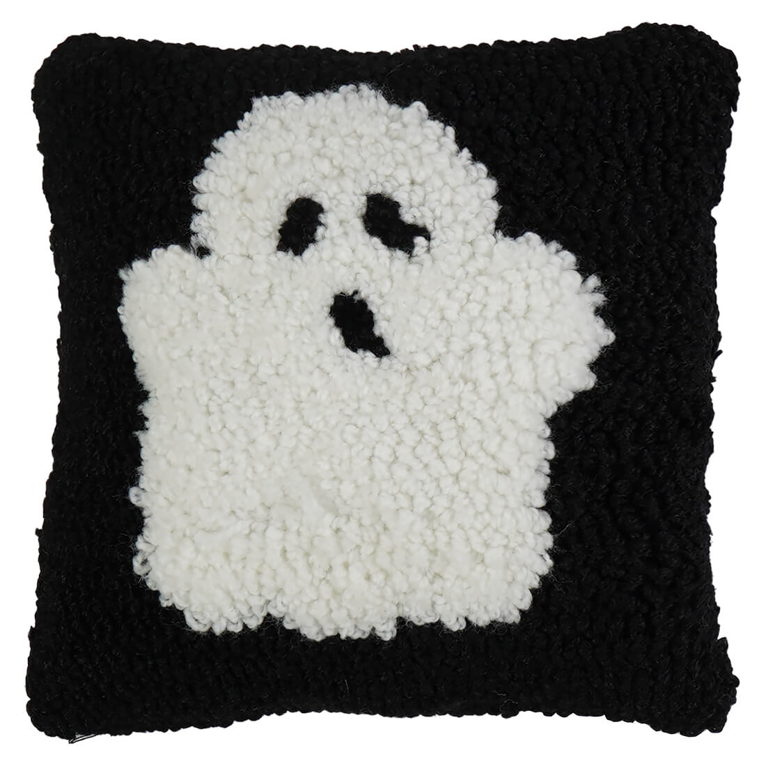 7 inch mini ghost hooked pillow in black and white with a fluffy spooky ghost hooked figural decor design
