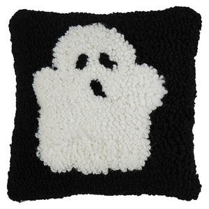 7 inch mini ghost hooked pillow in black and white with a fluffy spooky ghost hooked figural decor design
