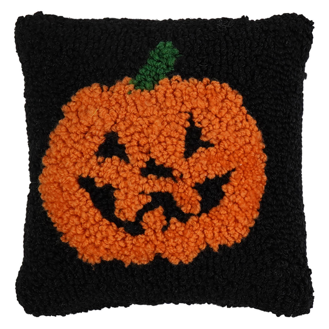 Black textured 7 inch mini pumpkin hooked pillow with plush orange figural decor perfect for spooky ghost hooked themes