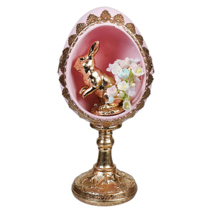 7 inch pink and gold bunny egg pedestal featuring a decorative gold bunny egg perfect for Easter decor