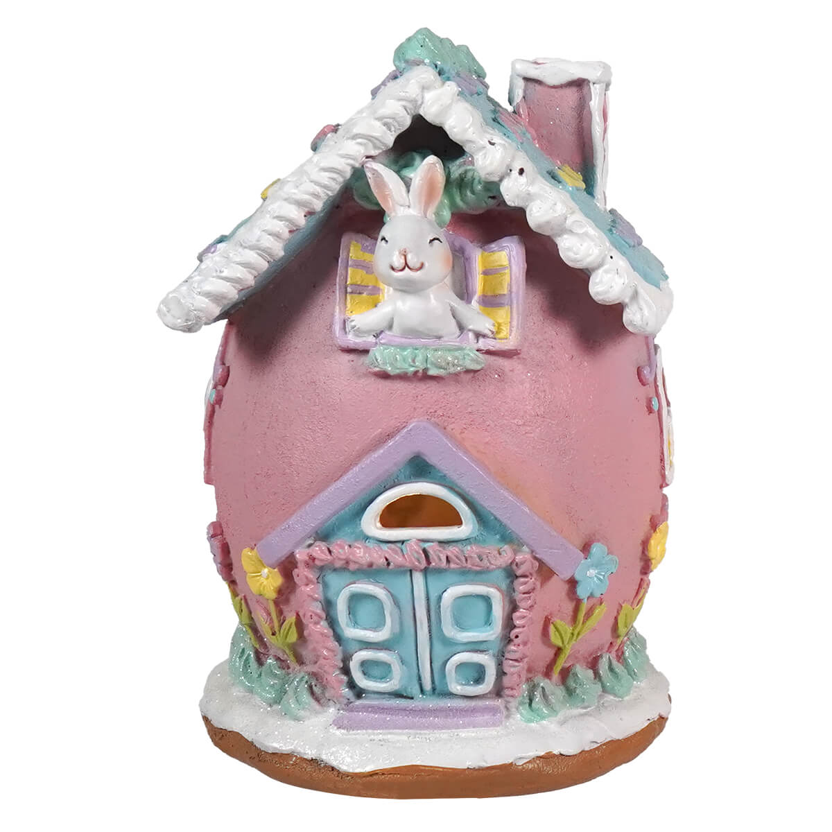 7 inch pink lighted pastel easter bunny house with egg shape and white bunny peeking from pastel blue door window