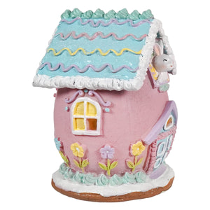 7 inch pink lighted pastel easter bunny house figurine with glittery blue roof and white frosting trim