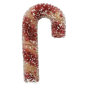 Small bristle candy cane fabric candy cane ornament in red and gold with beads and snowflake accents for christmas decor