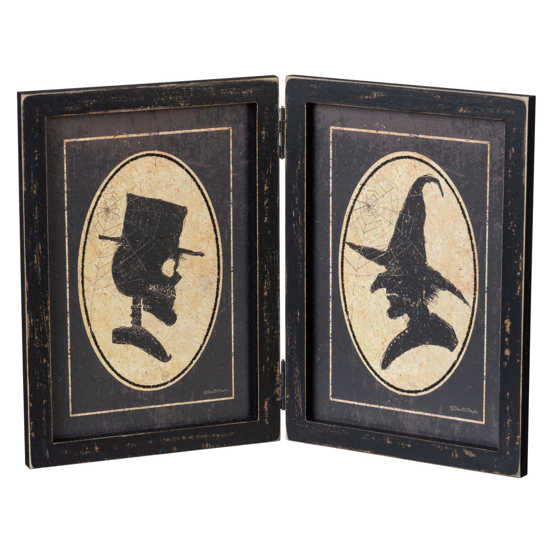 Black distressed wooden double-sided portrait hinged sign with michele kixmiller figural decor skull and witch silhouettes