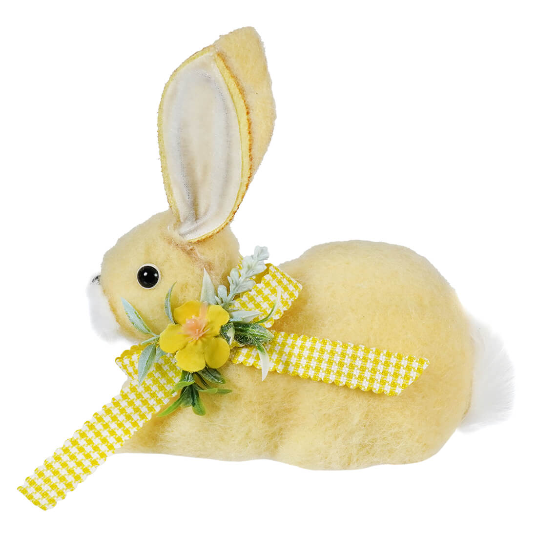 7 inch yellow wool laying easter bunny plush with gingham ribbon and flower vintage easter bunny figural decor