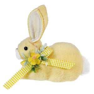 7 inch yellow wool laying easter bunny plush with gingham ribbon and flower vintage easter bunny figural decor
