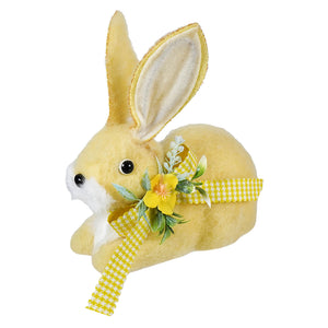 7 inch yellow wool laying easter bunny with floral ribbon vintage easter bunny figural decor plush toy