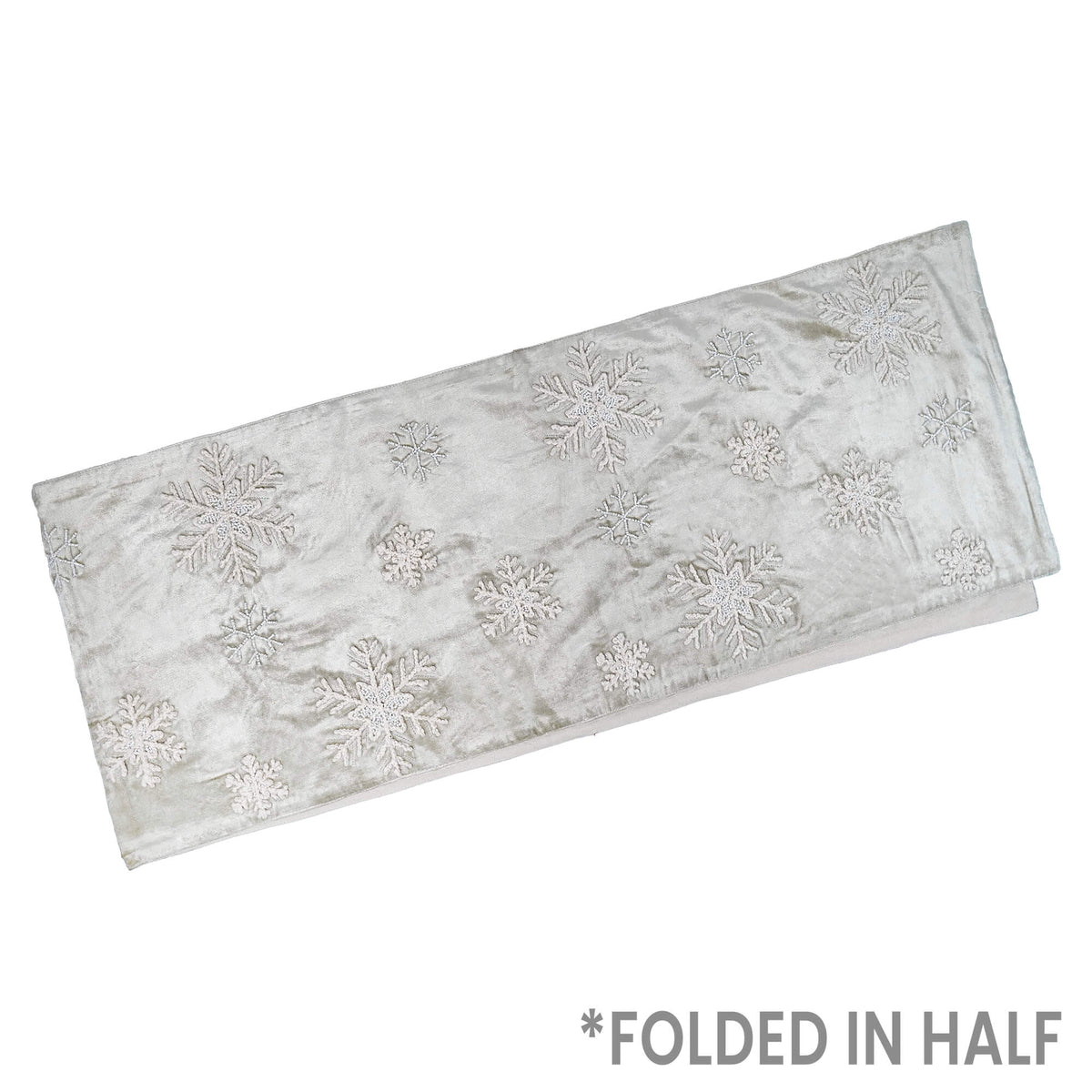 Silver satin velvet table runner with embroidered white snowflakes perfect for christmas tabletoppers and runners