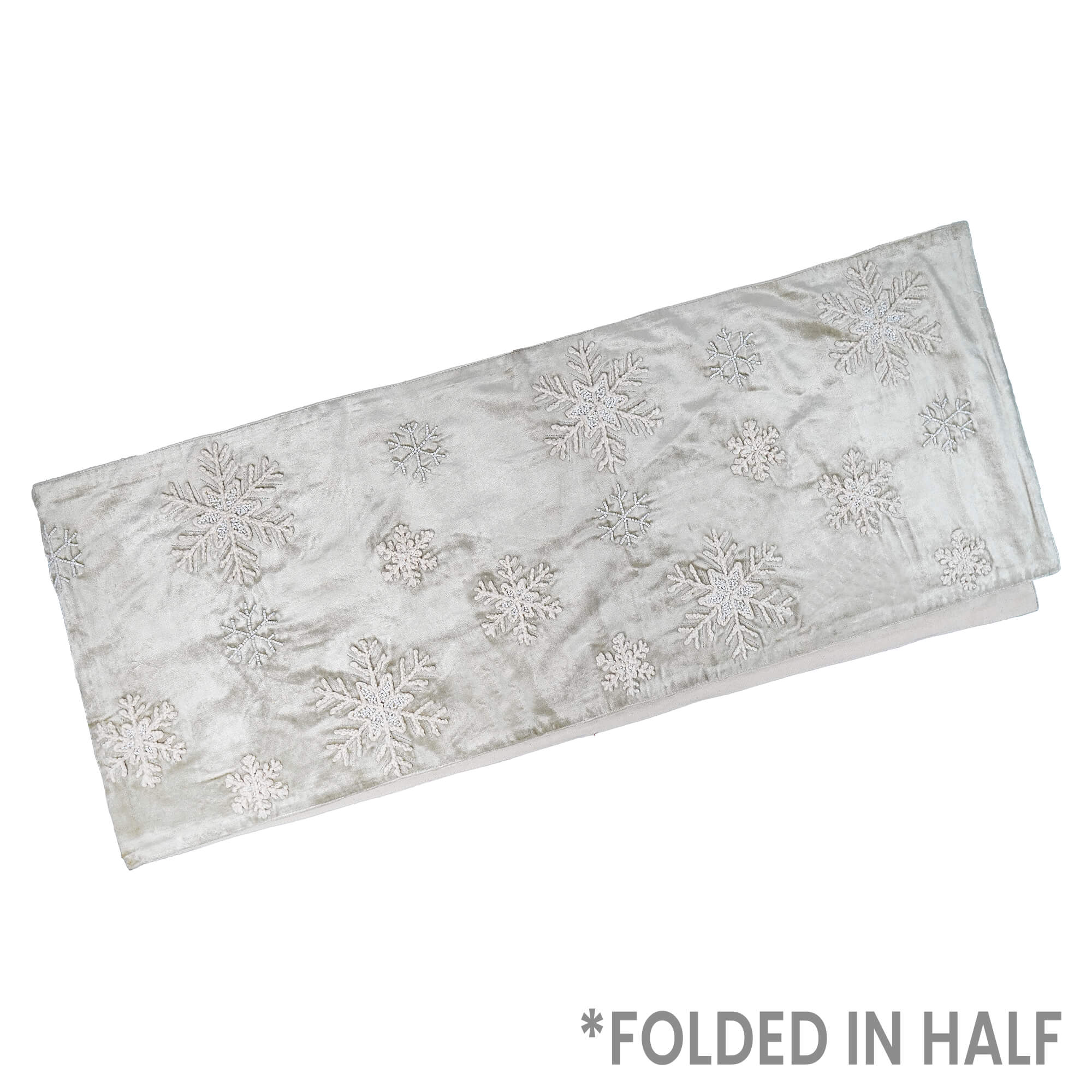 Silver satin velvet table runner with embroidered white snowflakes perfect for christmas tabletoppers and runners